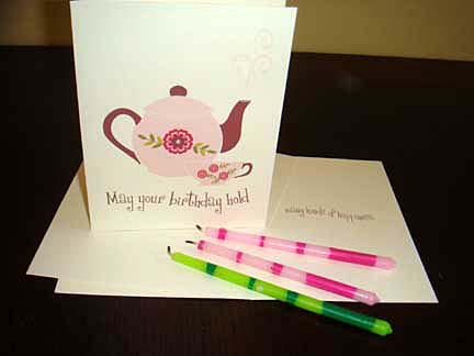 Birthday greeting card with a pink floral teapot and matching stationery